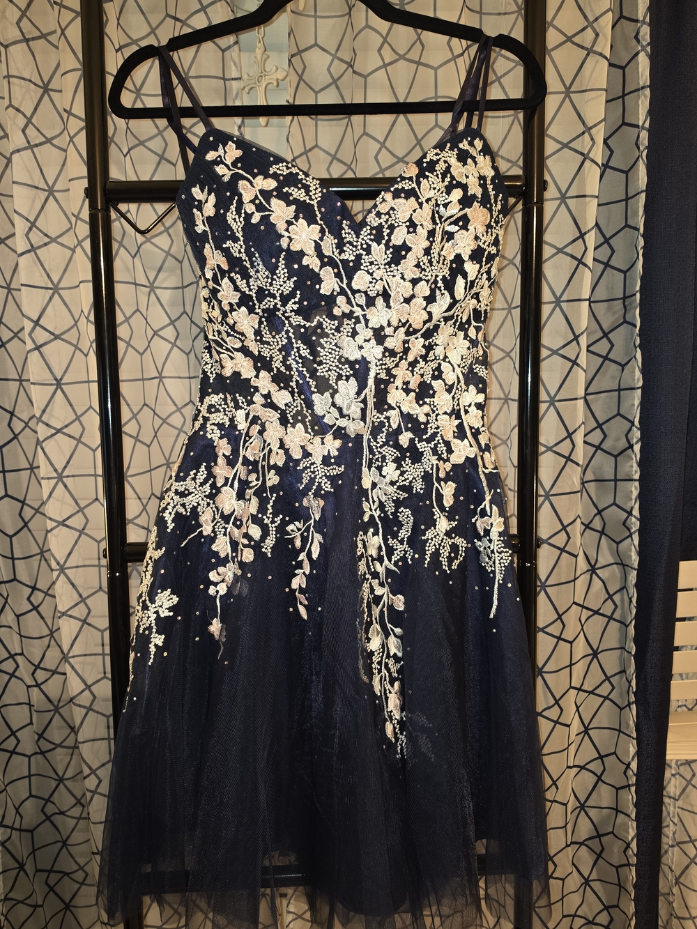 Navy Floral Embroidered A-Line Dress